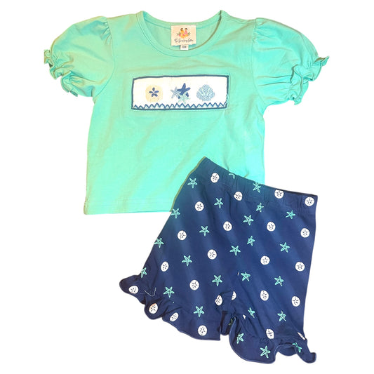 Navy Smocked Starfish Girl Set